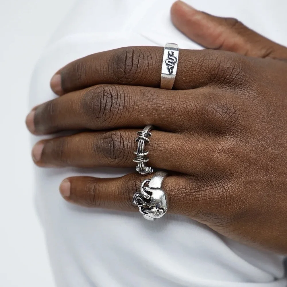 Silver Metal Skull Skeleton Ring‎ Set Mens 10 Barbwire Punk Western Cowboy Snake